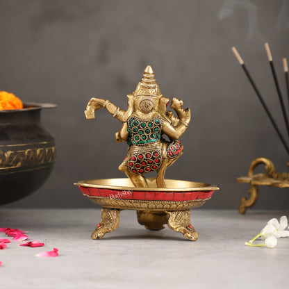 Brass Dancing Ganesha Lamp with Stonework - 7 Inch