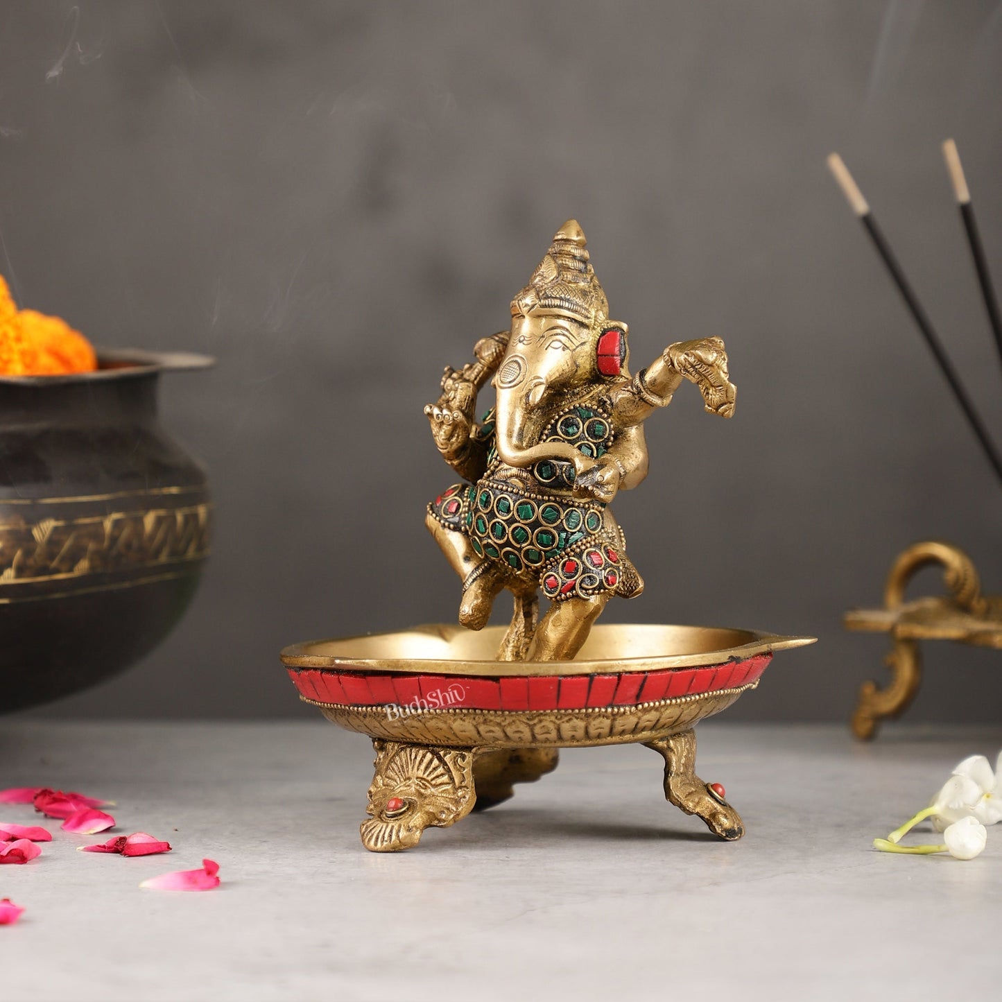 Brass Dancing Ganesha Lamp with Stonework - 7 Inch