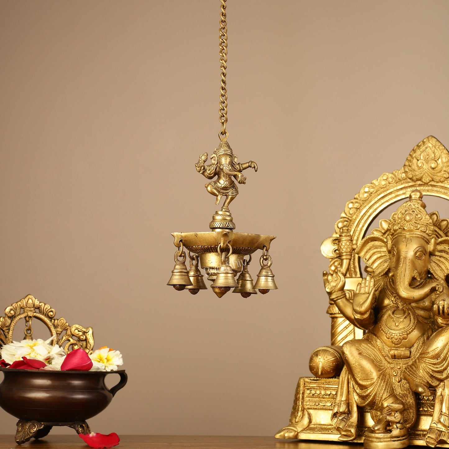 Brass Dancing Ganesha Oil Lamp Vilakku 6 inch lamp