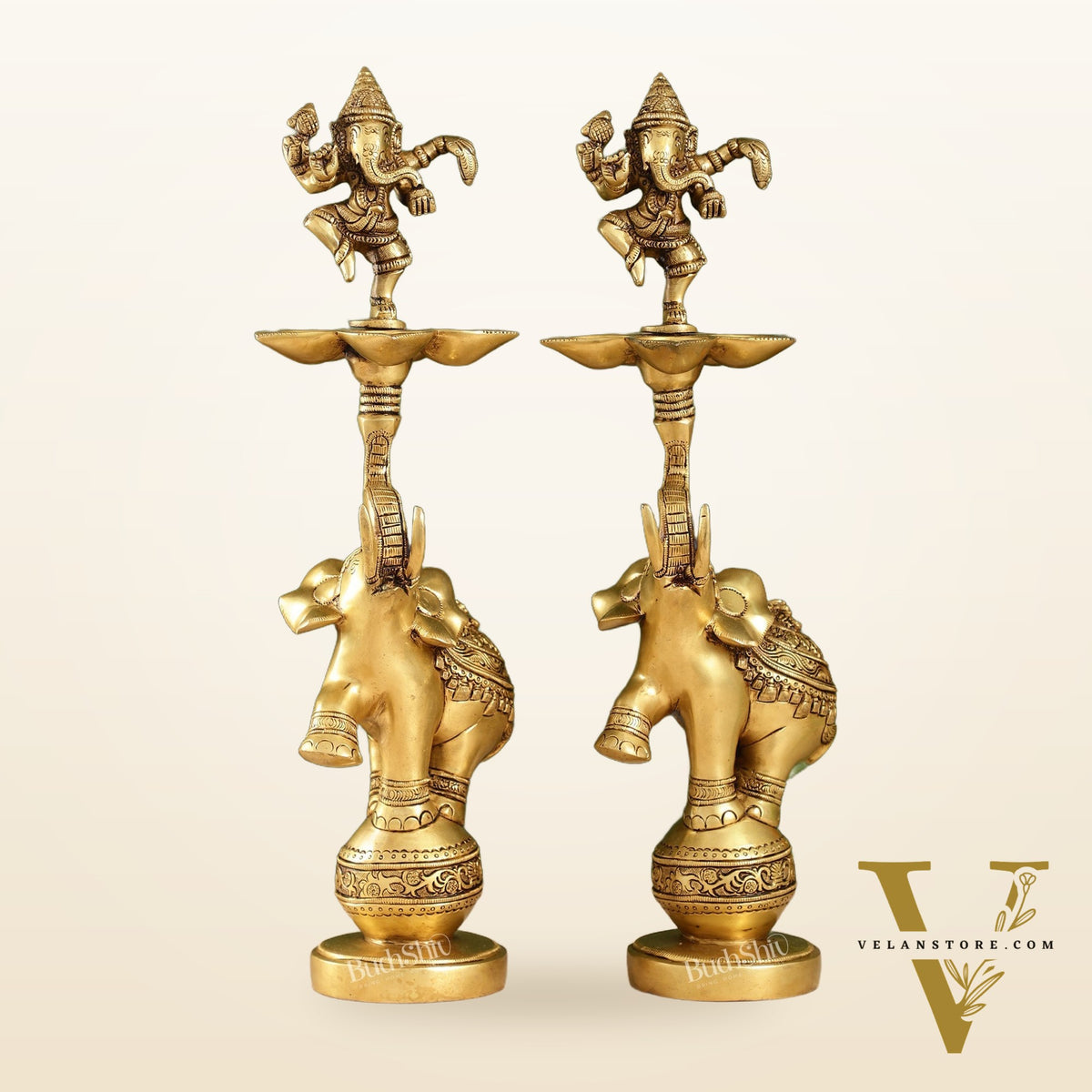 Brass Dancing Ganesha on Jumping Elephant Lamp - 16"