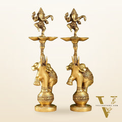 Brass Dancing Ganesha on Jumping Elephant Lamp - 16"