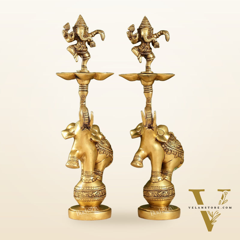 Brass Dancing Ganesha on Jumping Elephant Lamp - 16"