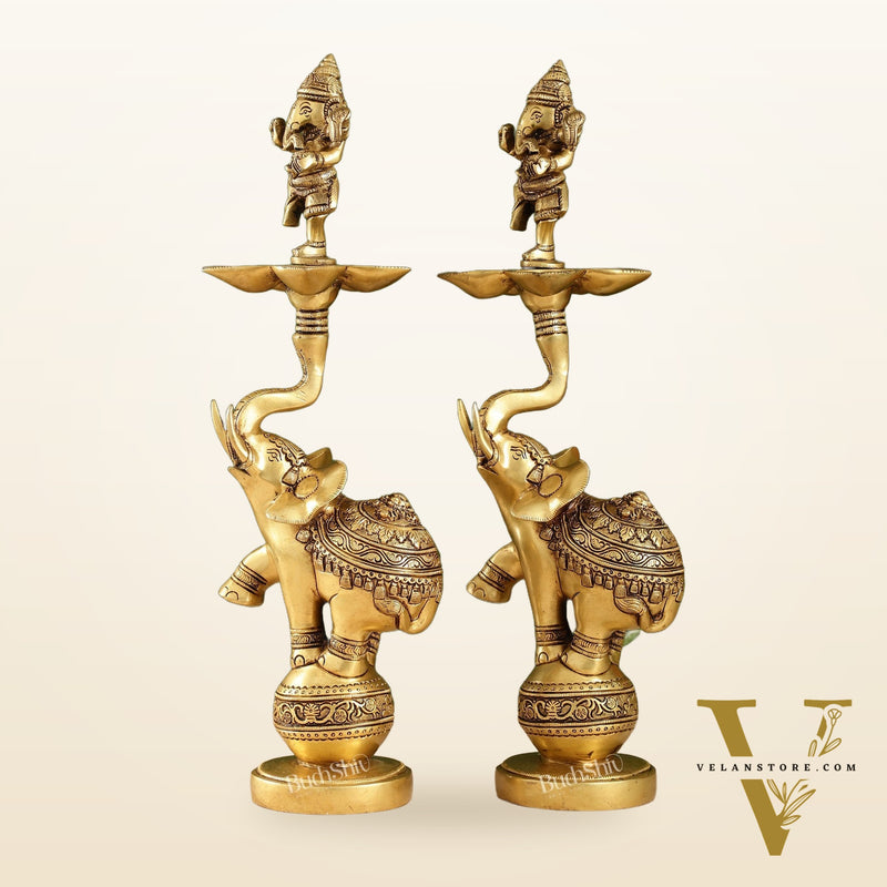 Brass Dancing Ganesha on Jumping Elephant Lamp - 16"