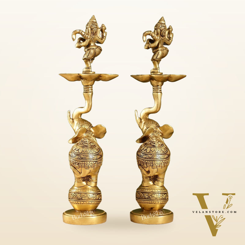 Brass Dancing Ganesha on Jumping Elephant Lamp - 16"