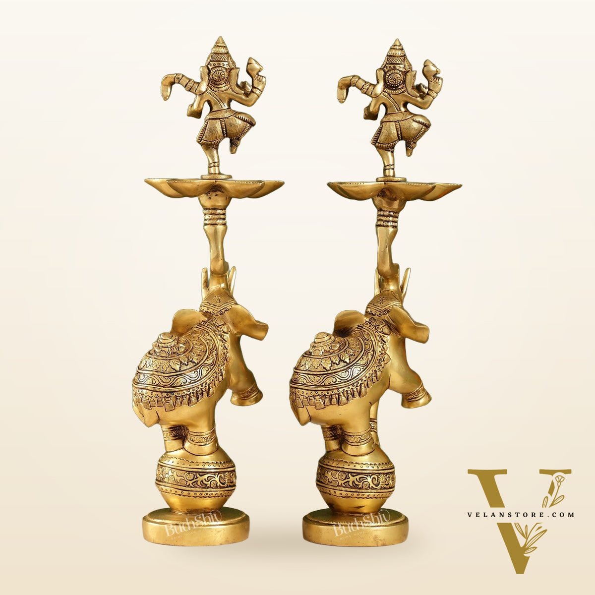 Brass Dancing Ganesha on Jumping Elephant Lamp - 16"
