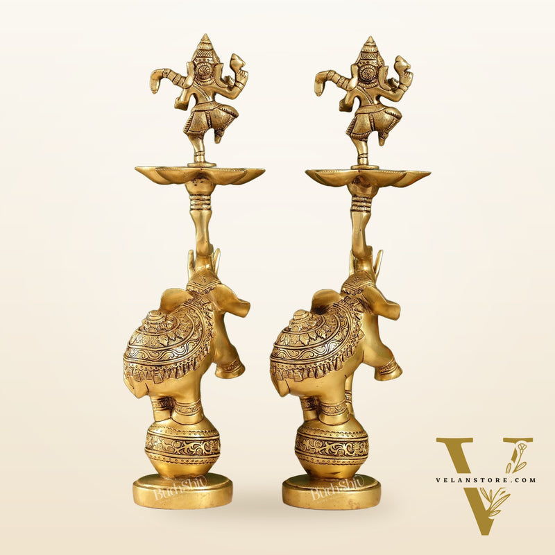Brass Dancing Ganesha on Jumping Elephant Lamp - 16"