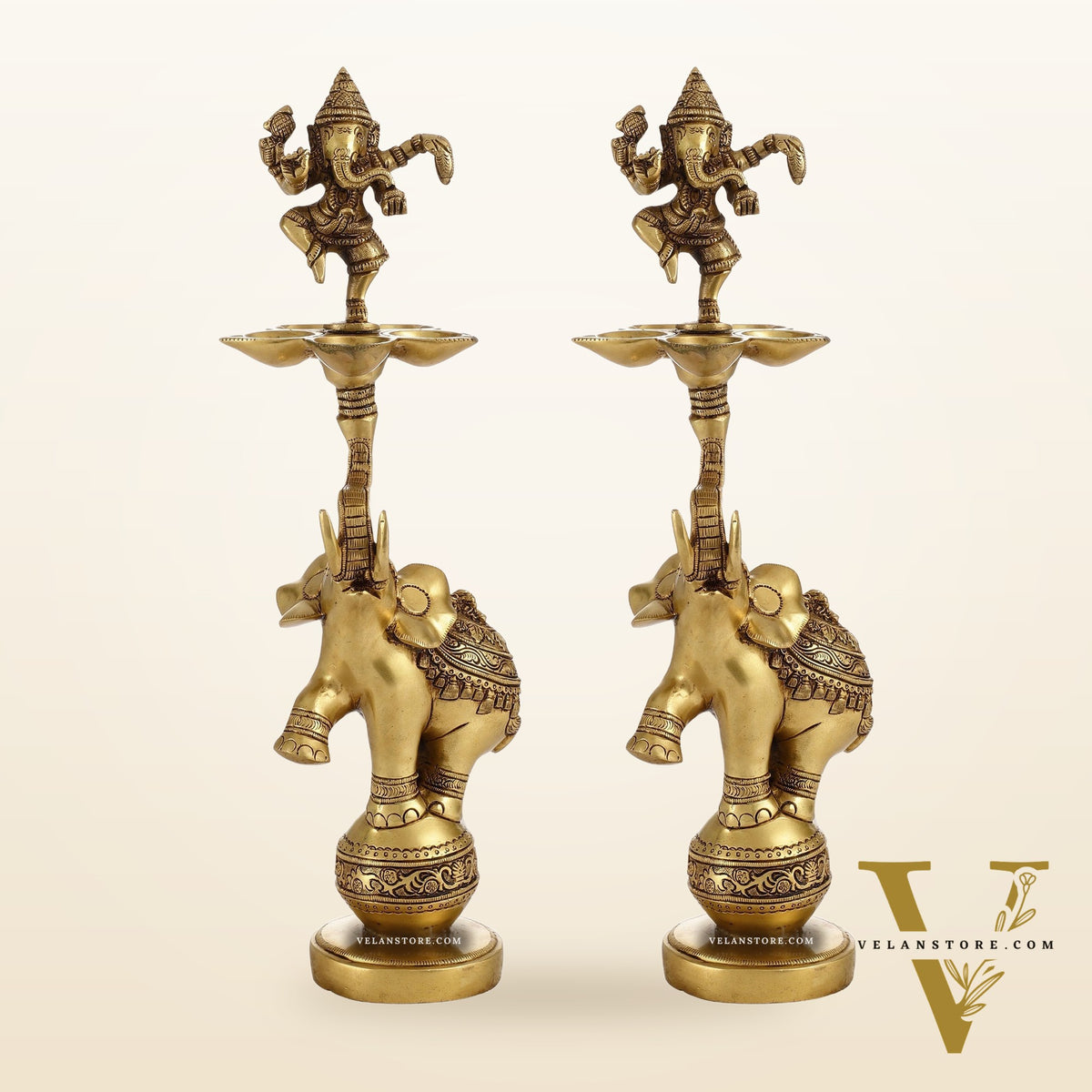 Brass Dancing Ganesha on Jumping Elephant Lamp - 16"