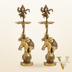 Brass Dancing Ganesha on Jumping Elephant Lamp - 16"