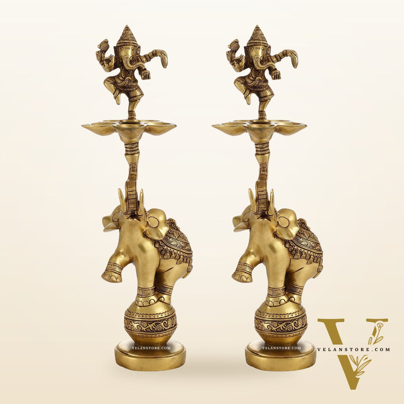 Brass Dancing Ganesha on Jumping Elephant Lamp - 16"