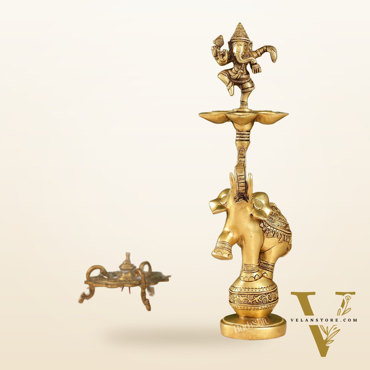 Brass Dancing Ganesha on Jumping Elephant Lamp - 16"