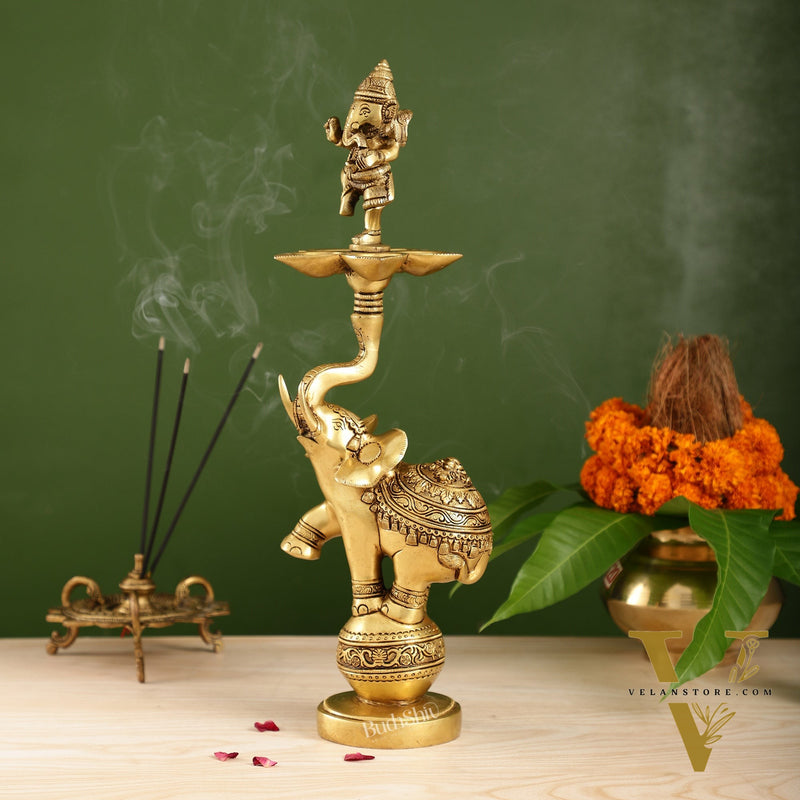 Brass Dancing Ganesha on Jumping Elephant Lamp - 16"
