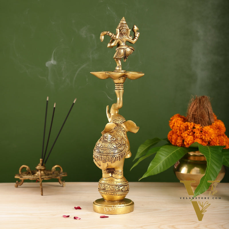 Brass Dancing Ganesha on Jumping Elephant Lamp - 16"