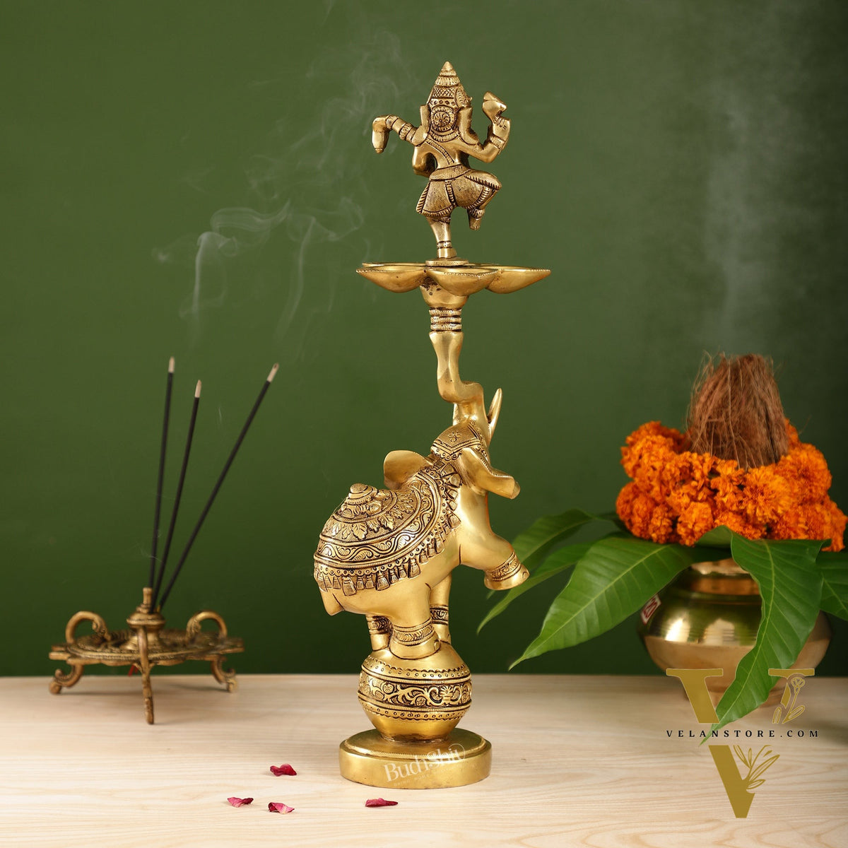 Brass Dancing Ganesha on Jumping Elephant Lamp - 16"