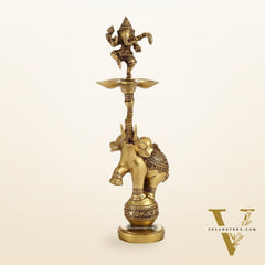 Brass Dancing Ganesha on Jumping Elephant Lamp - 16"