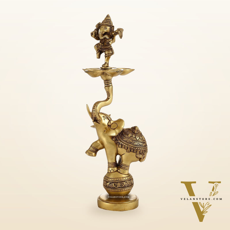 Brass Dancing Ganesha on Jumping Elephant Lamp - 16"