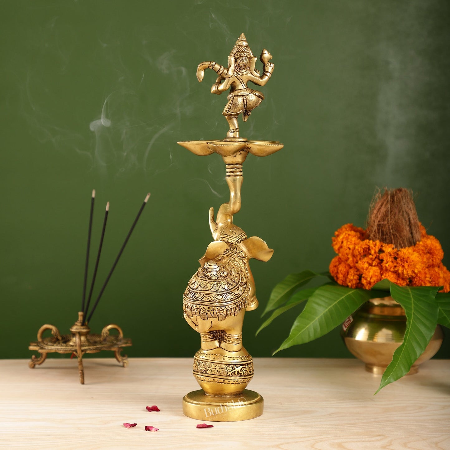 Brass Dancing Ganesha on Jumping Elephant Lamp - 16"