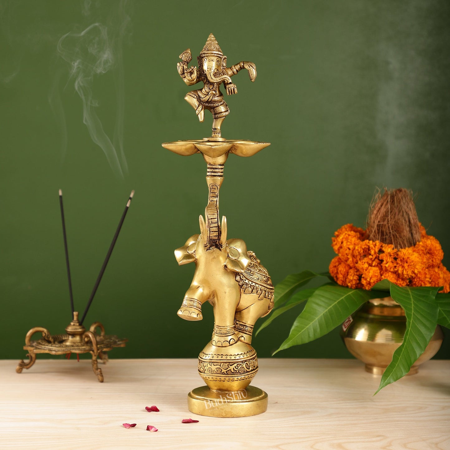 Brass Dancing Ganesha on Jumping Elephant Lamp - 16"