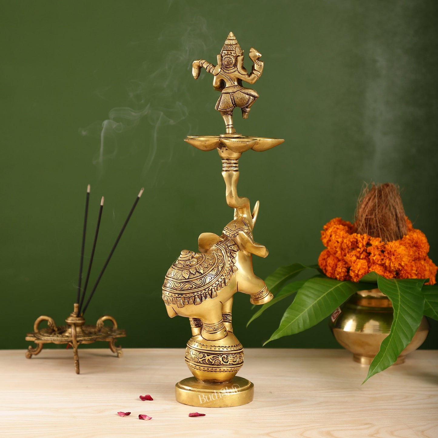 Brass Dancing Ganesha on Jumping Elephant Lamp - 16"