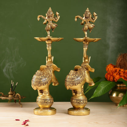 Brass Dancing Ganesha on Jumping Elephant Lamp - 16"