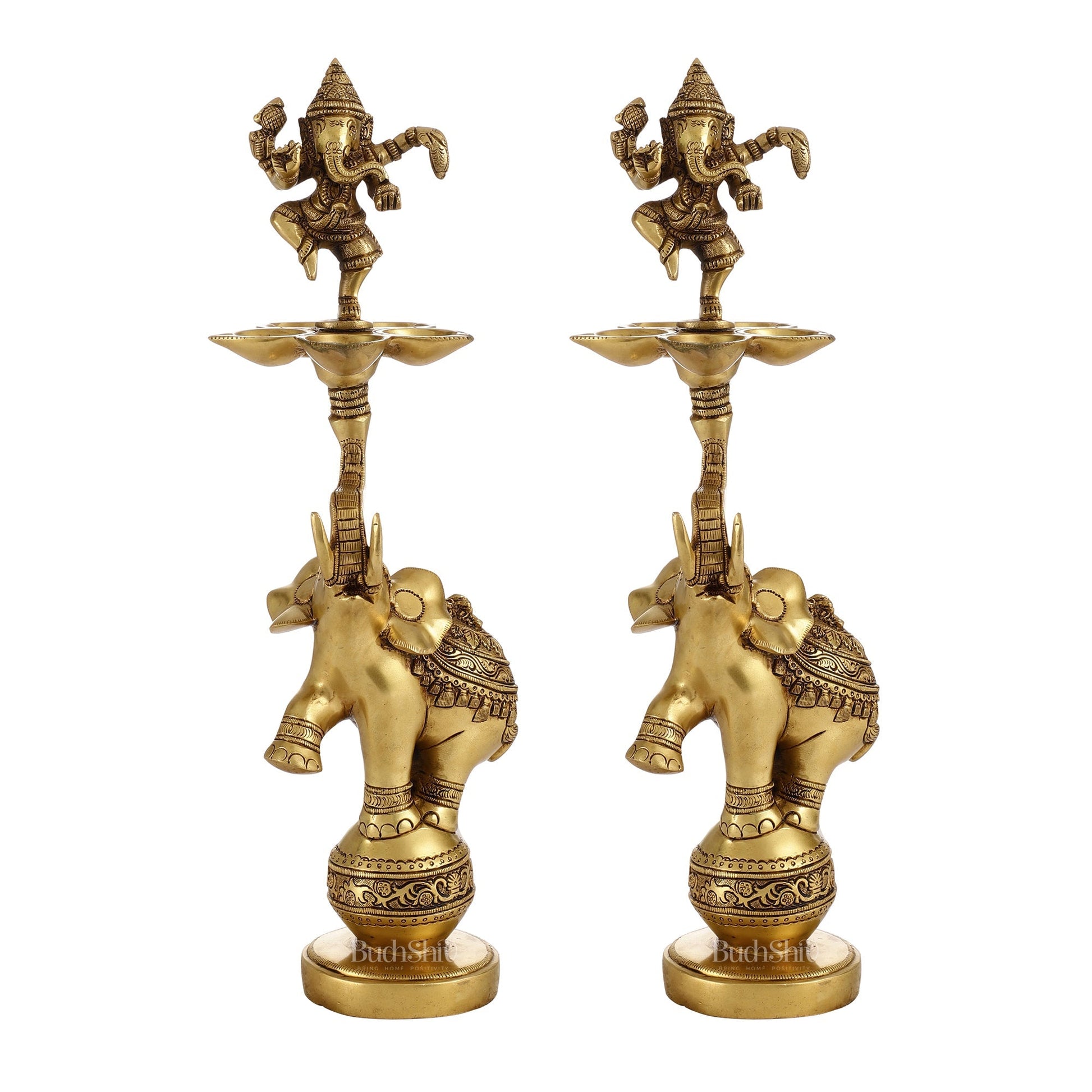 Brass Dancing Ganesha on Jumping Elephant Lamp - 16"