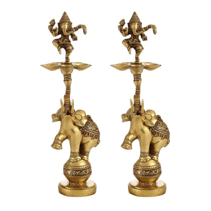 Brass Dancing Ganesha on Jumping Elephant Lamp - 16"