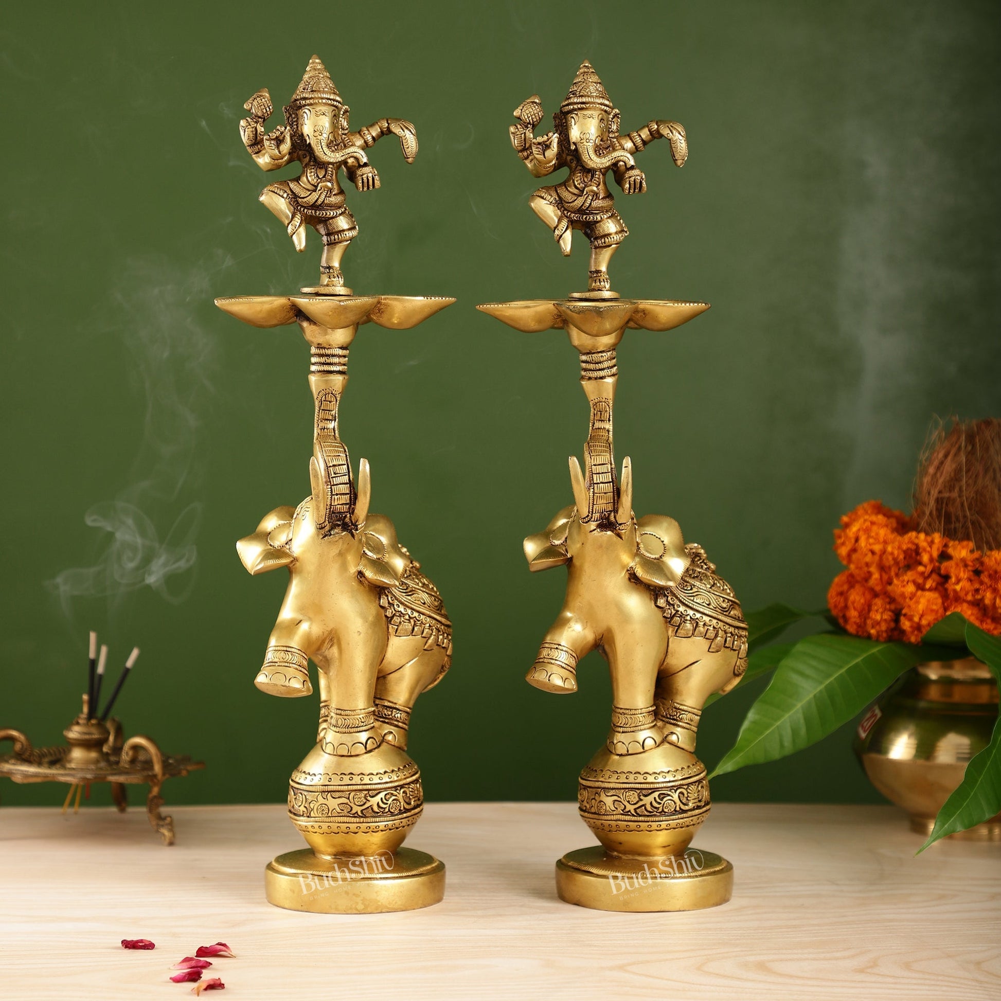 Brass Dancing Ganesha on Jumping Elephant Lamp - 16"