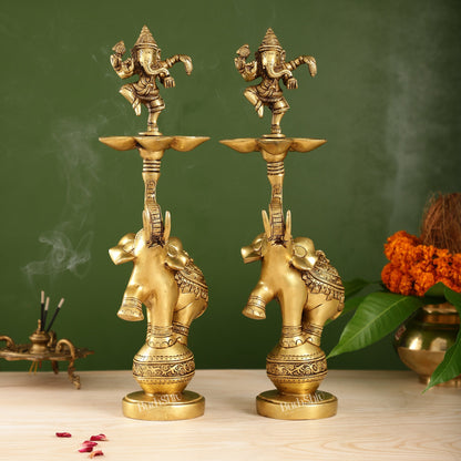 Brass Dancing Ganesha on Jumping Elephant Lamp - 16"