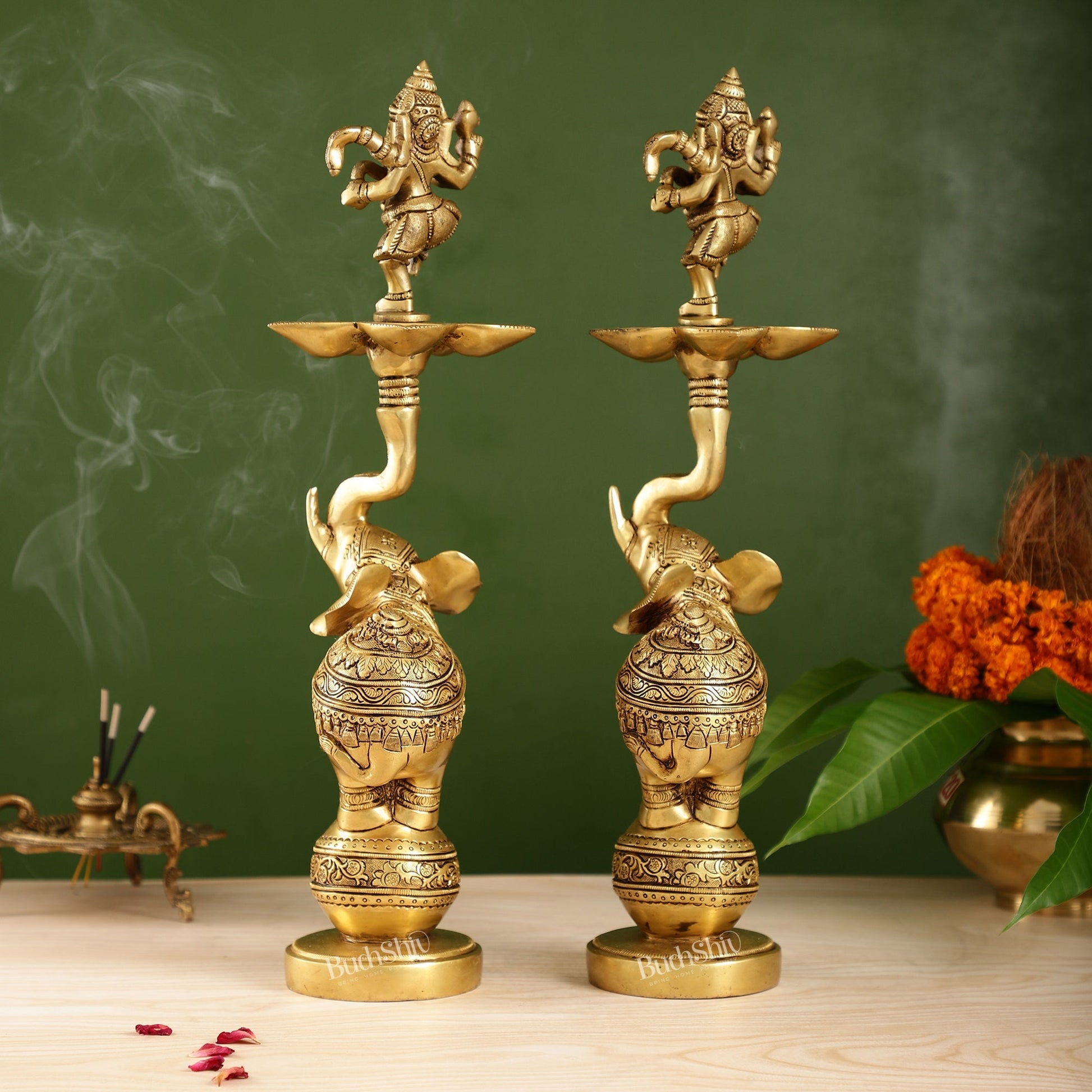 Brass Dancing Ganesha on Jumping Elephant Lamp - 16"