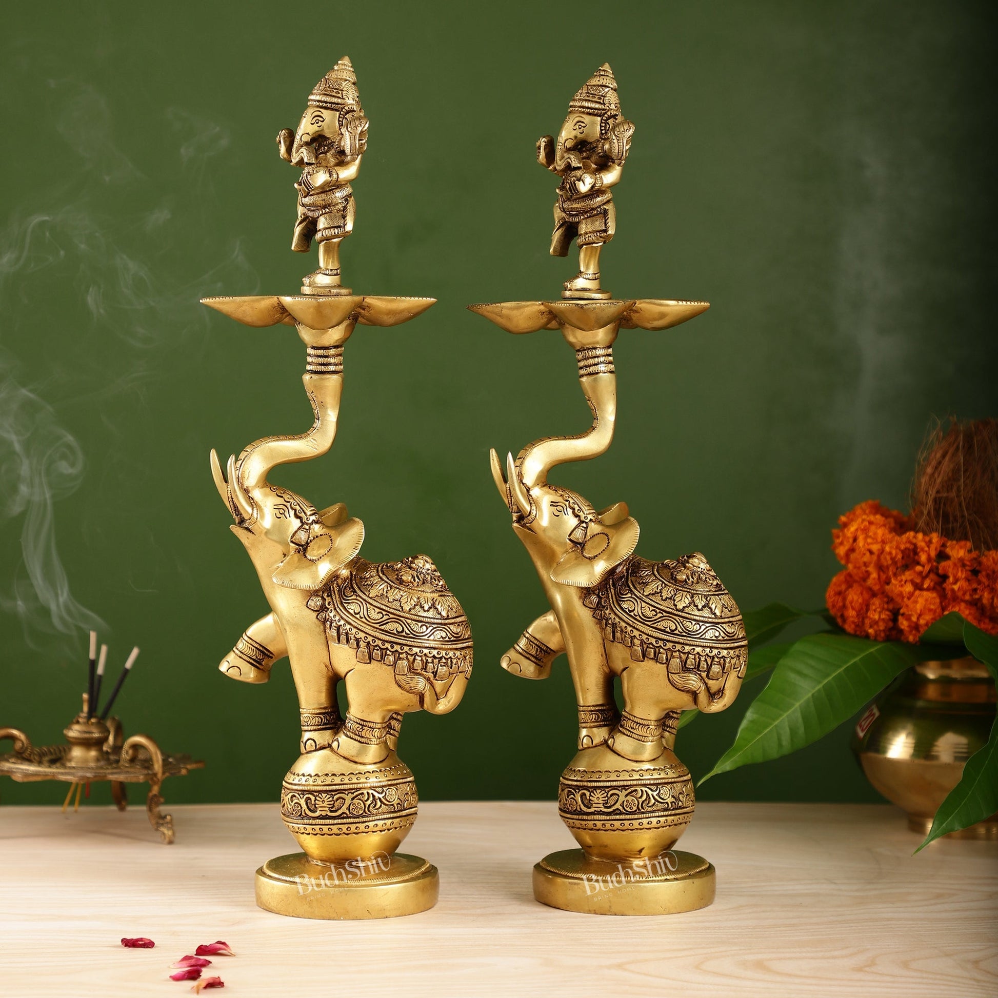 Brass Dancing Ganesha on Jumping Elephant Lamp - 16"