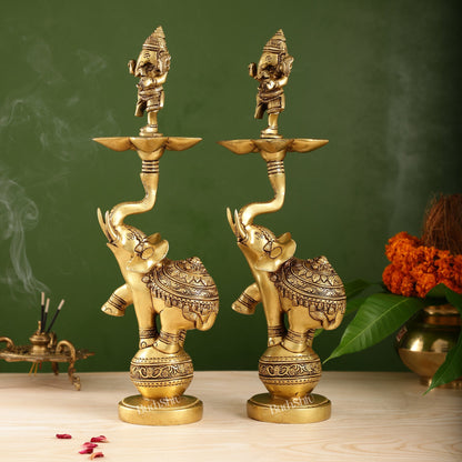 Brass Dancing Ganesha on Jumping Elephant Lamp - 16"
