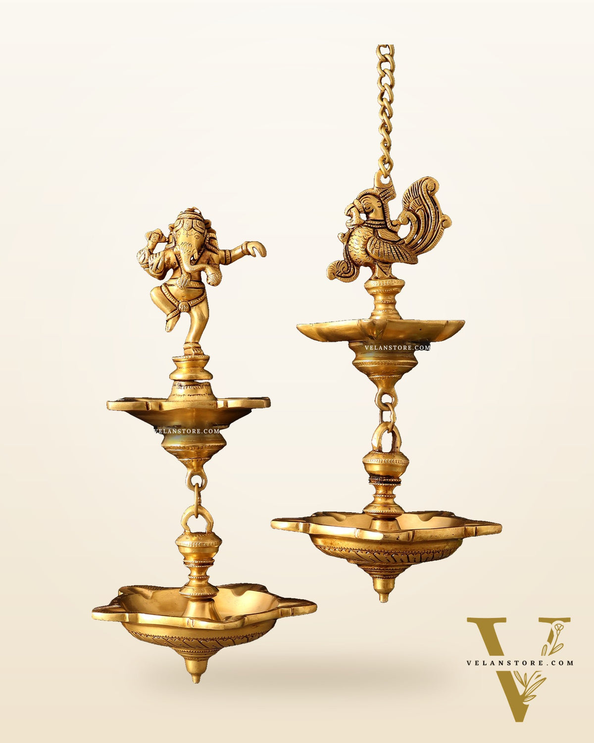 Brass Dancing Ganesha & Peacock Hanging Lamps 27 inch