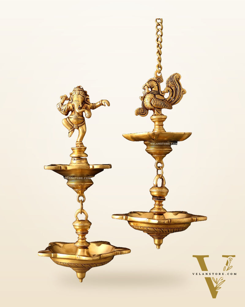 Brass Dancing Ganesha & Peacock Hanging Lamps 27 inch