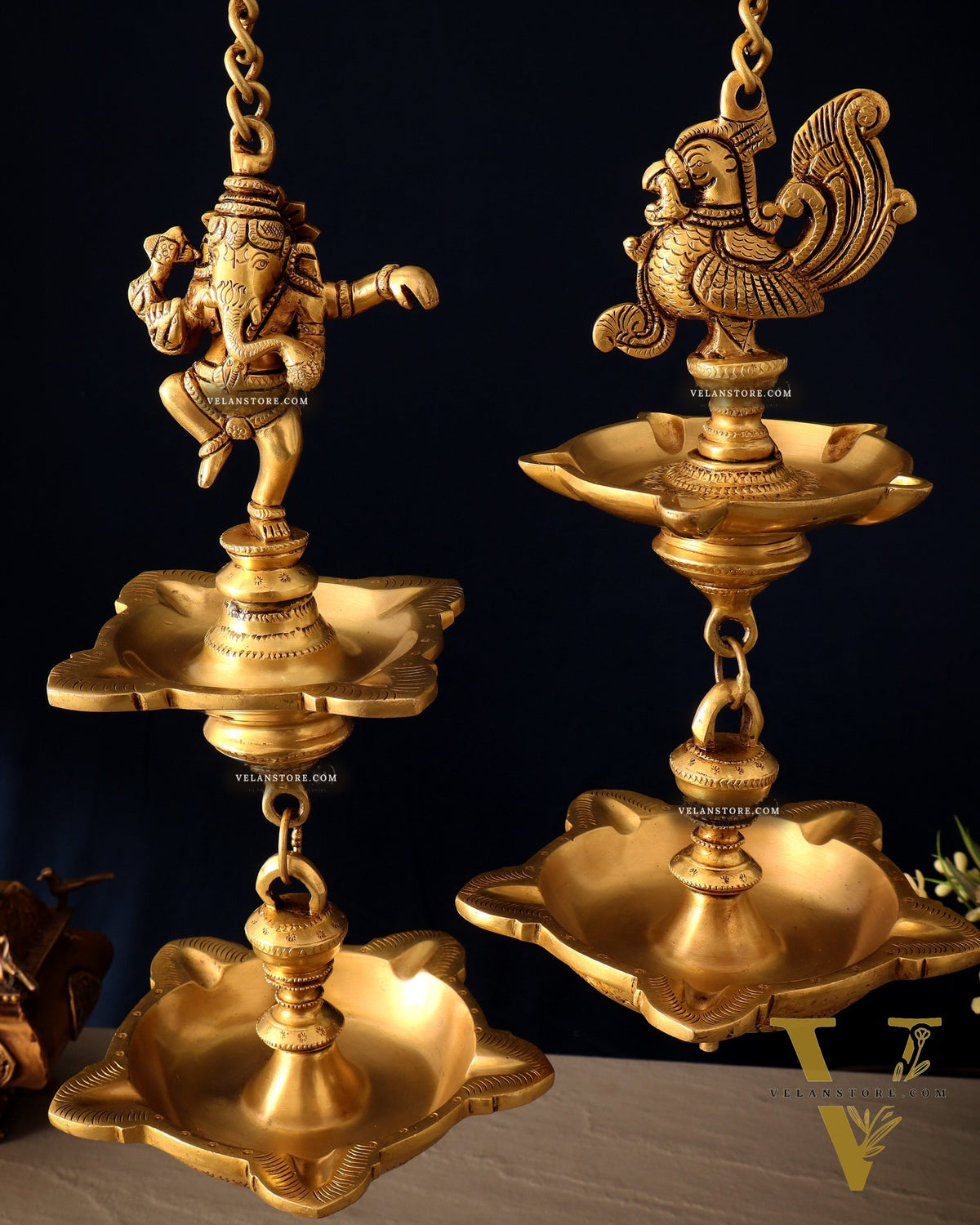 Brass Dancing Ganesha & Peacock Hanging Lamps 27 inch
