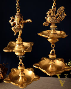 Brass Dancing Ganesha & Peacock Hanging Lamps 27 inch