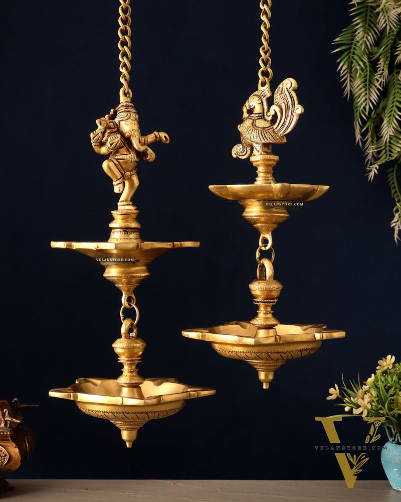 Brass Dancing Ganesha & Peacock Hanging Lamps 27 inch