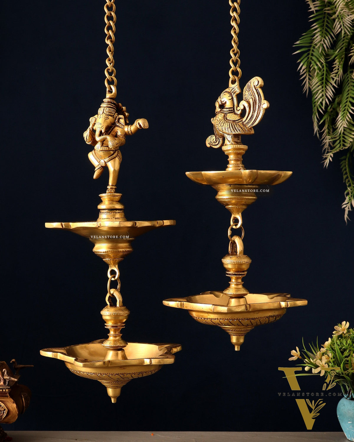 Brass Dancing Ganesha & Peacock Hanging Lamps 27 inch