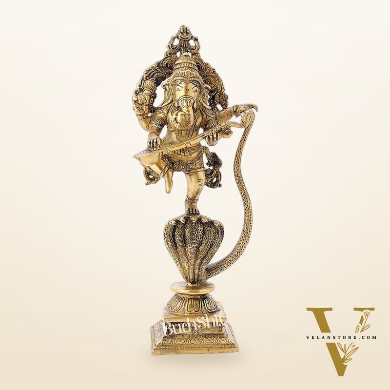 Brass Dancing Ganesha Playing Veena on Kalinga Naag Statue 10"