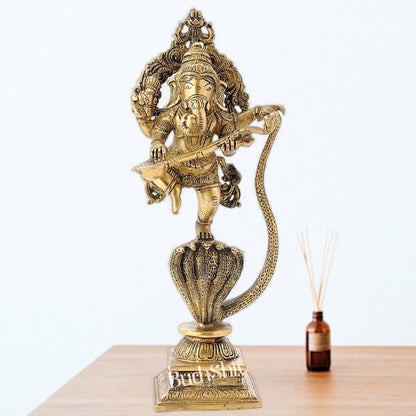 Brass Dancing Ganesha Playing Veena on Kalinga Naag Statue 10"