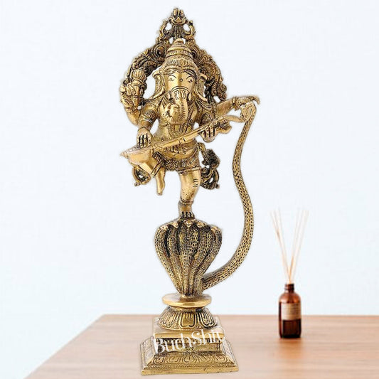 Brass Dancing Ganesha Playing Veena on Kalinga Naag Statue 10"