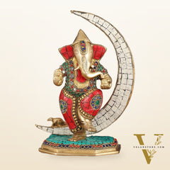 Brass Dancing Ganesha Showpiece with Meenakari Stonework - 10" Height