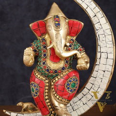 Brass Dancing Ganesha Showpiece with Meenakari Stonework - 10" Height
