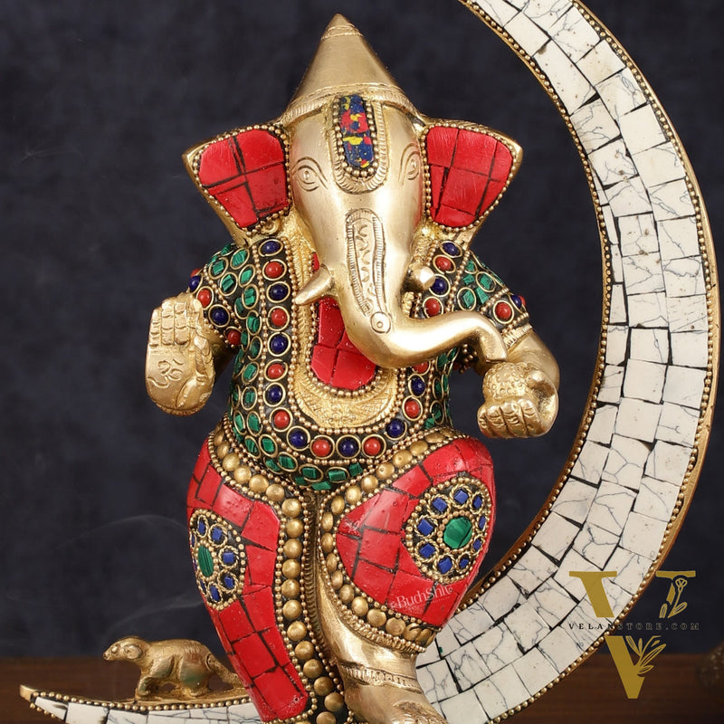 Brass Dancing Ganesha Showpiece with Meenakari Stonework - 10" Height