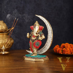 Brass Dancing Ganesha Showpiece with Meenakari Stonework - 10" Height