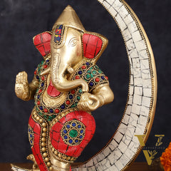 Brass Dancing Ganesha Showpiece with Meenakari Stonework - 10" Height