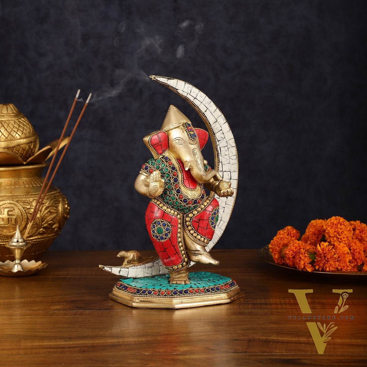 Brass Dancing Ganesha Showpiece with Meenakari Stonework - 10" Height