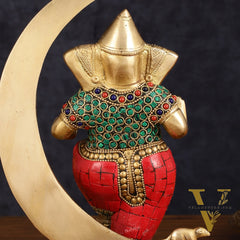 Brass Dancing Ganesha Showpiece with Meenakari Stonework - 10" Height