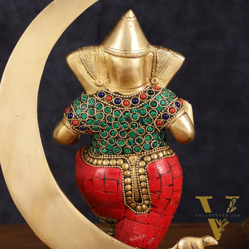 Brass Dancing Ganesha Showpiece with Meenakari Stonework - 10" Height