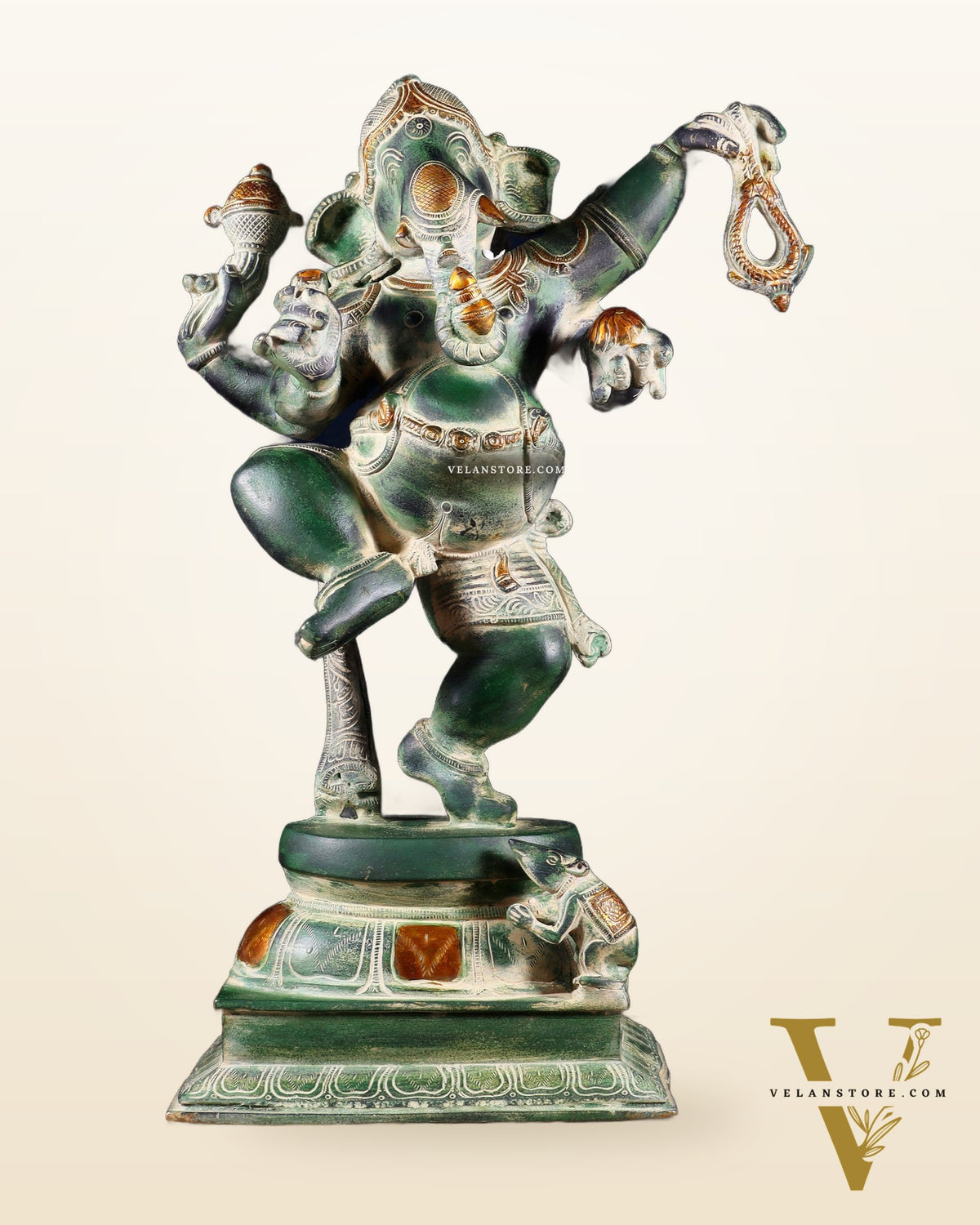 Brass Dancing Ganesha Statue - 17 inch vintage green patina