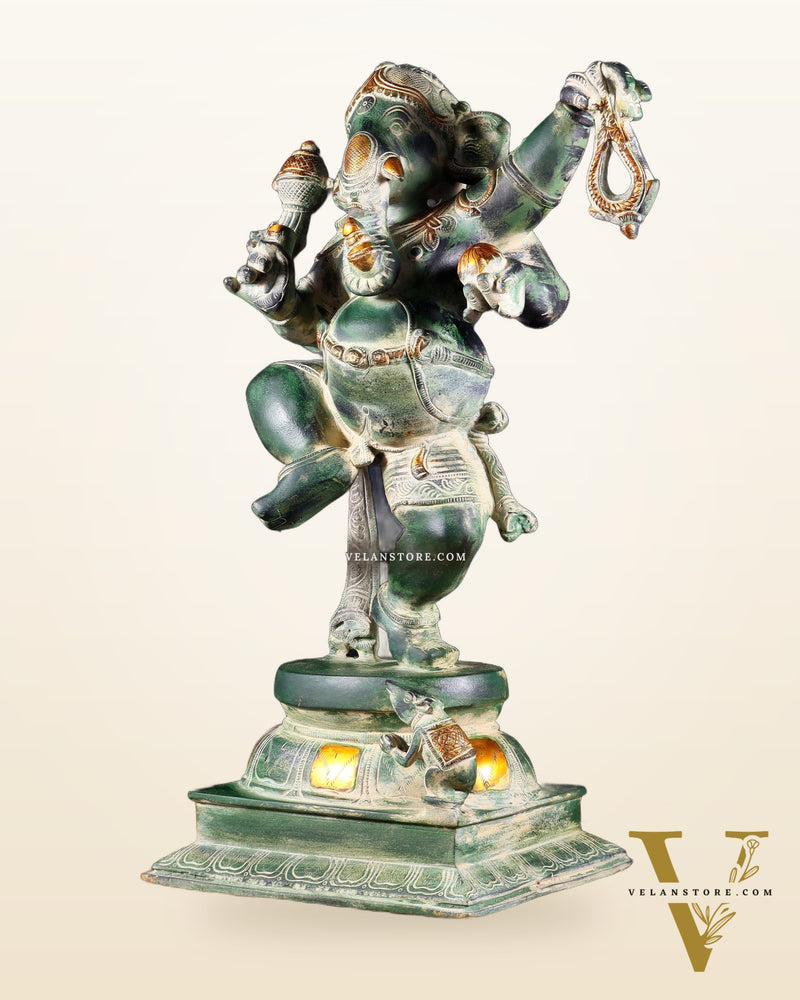 Brass Dancing Ganesha Statue - 17 inch vintage green patina