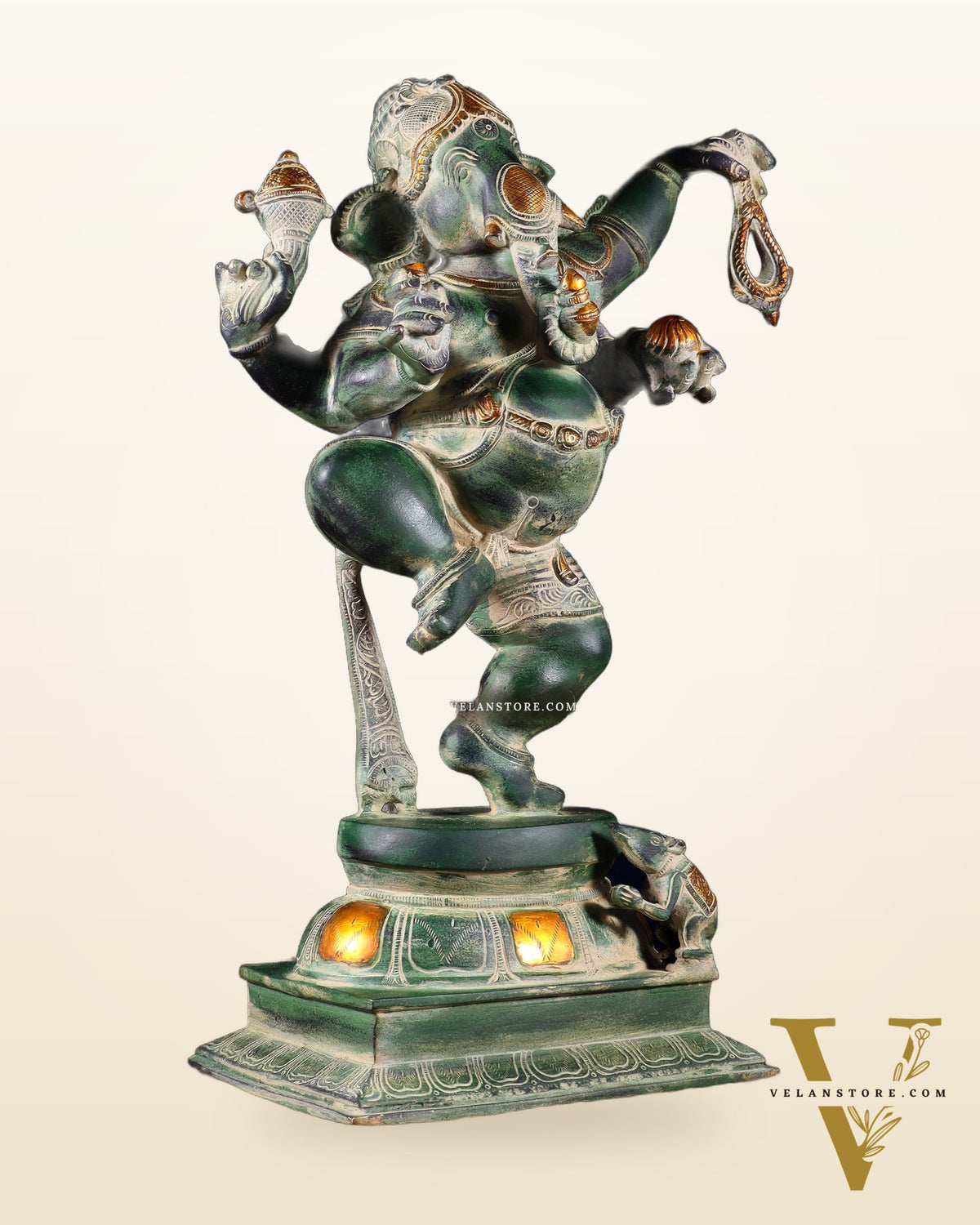 Brass Dancing Ganesha Statue - 17 inch vintage green patina